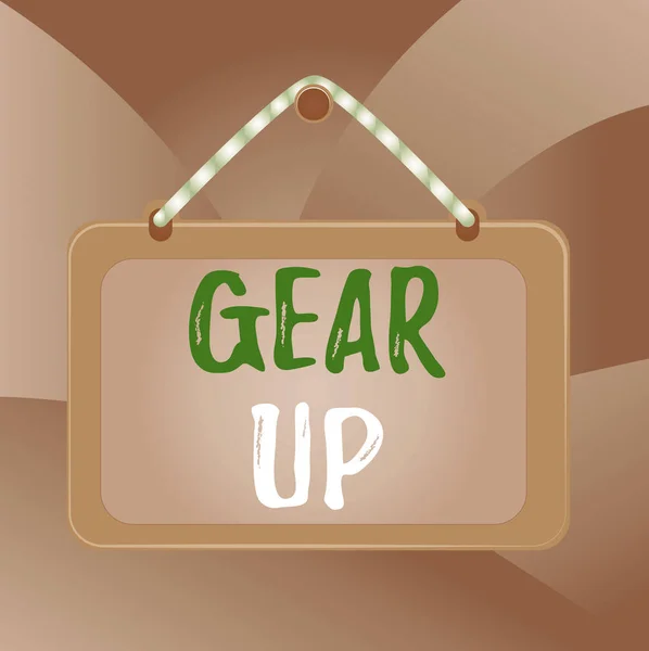 Handwriting text Gear Up. Concept meaning Asking someone to put his clothes or suit on Getting ready fast Board fixed nail frame string striped colored background rectangle panel.