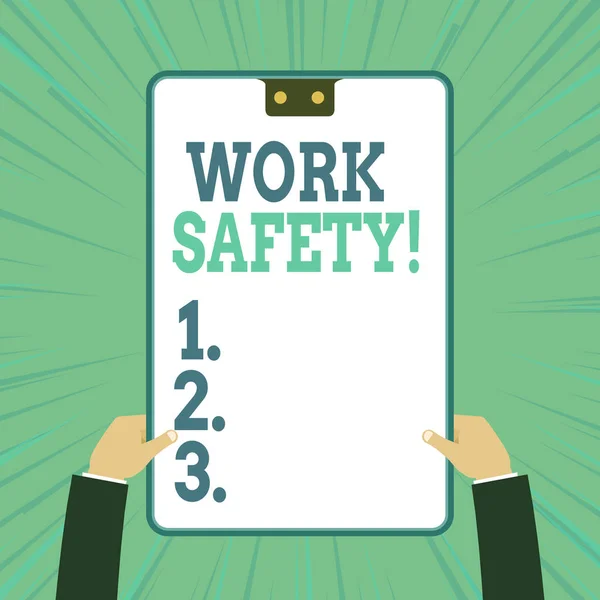 Conceptual hand writing showing Work Safety. Business photo text policies and procedures in place to ensure health of employees Two male hands holding electronic device geometrical background. — Stock Photo, Image