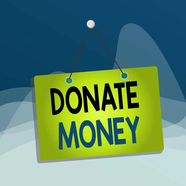 寄付金を示すメモを書く。デモンストレーションや組織メモを助けるためにお金や商品を与えるためにビジネス写真ショーは、空のボードが添付された背景の長方形. — ストック写真