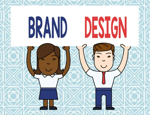 Word writing text Brand Design. Business concept for visual elements that make up the corporate or brand identity Two Smiling People Holding Big Blank Poster Board Overhead with Both Hands.