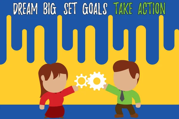 Почерк написания текста Dream Big Set Goals Take Action. Концепция, означающая мотивацию следовать за своей мечтой. Мужчина галстук женщина юбка торговые отношения . — стоковое фото