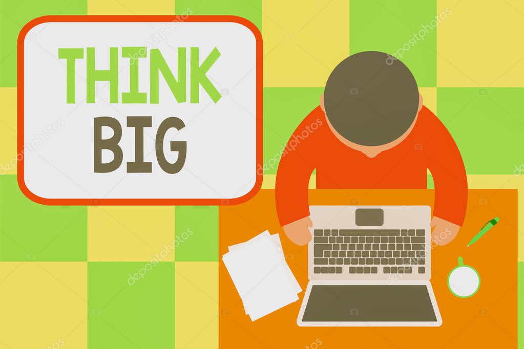 Conceptual hand writing showing Think Big. Business photo showcasing To plan for something high value for ones self or for preparation Upper view young man sitting table laptop coffee cup pen.