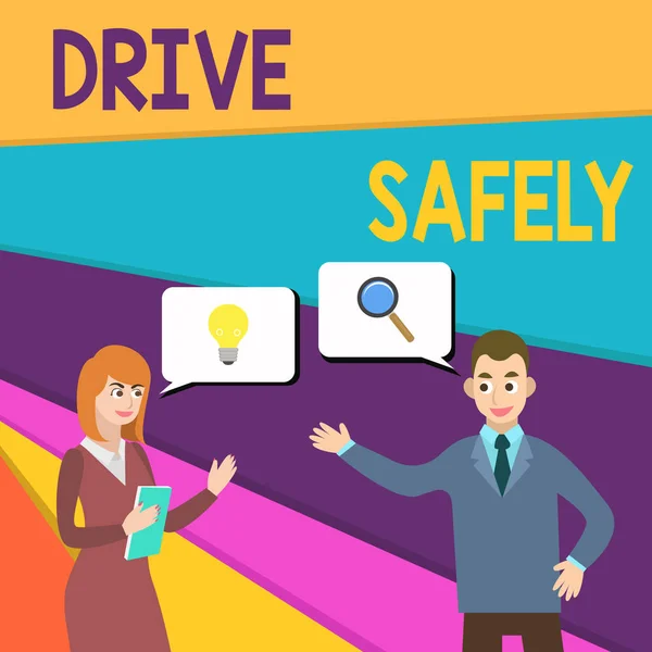 Text sign showing Drive Safely. Conceptual photo you should follow the rules of the road and abide laws Business Partners Colleagues Jointly Seeking Problem Solution Generate Idea.
