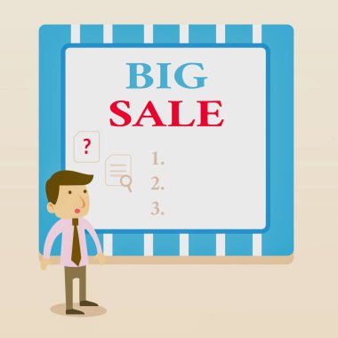 Kelime yazma metni Big Sale. Yüksek indirimli ürünler koymak için Iş konsepti Büyük fiyat Black Friday Genç Erkek İşadamı Ofis İşçi Daimi Arama Sorunu Çözüm.