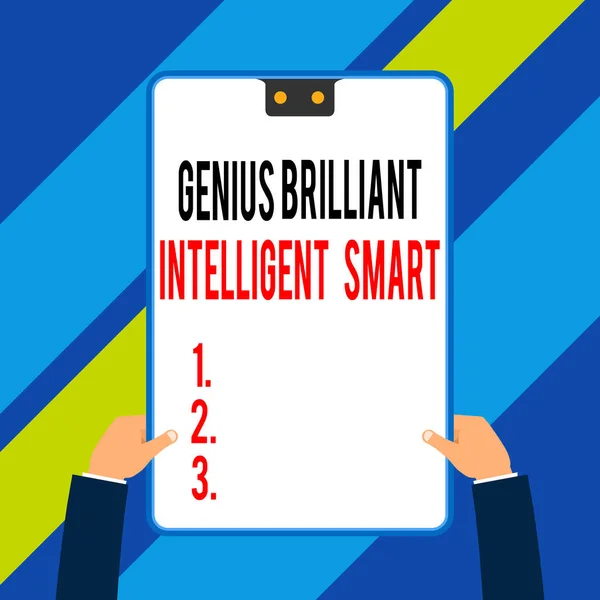 Word writing text Genius Brilliant Intelligent Smart. Business concept for Clever Bright Knowledge Intelligence Two executive male hands holding electronic device geometrical background.