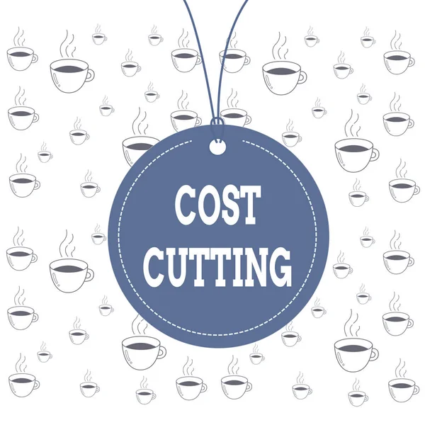 Writing note showing Cost Cutting. Business photo showcasing actions taken to reduce the amount that is spent on a service Label string round empty tag colorful background small shape.