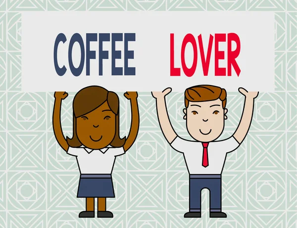Kelime yazma metin Kahve Lover. Kahveyi seven ya da içme düşkünlüğü olan bir gösterici için iş konsepti İki Gülen Kişi İki Eliyle Büyük Boş Poster Panosu Başında Tutuyor.