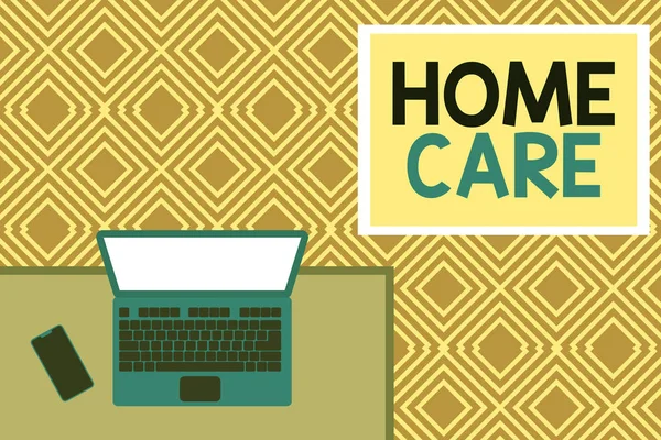 Fogalmi kézzel írás bemutató Home Care. Üzleti fotószöveg hely, ahol bemutatja lehet kapni a legjobb szolgáltatást a kényelem tette Office dolgozó hely laptop fekvő fa íróasztal okostelefon. — Stock Fotó