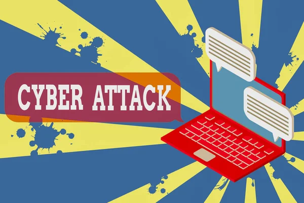 Writing note showing Cyber Attack. Business photo showcasing attempt by hackers to damage or destroy a computer network Laptop receiving sending information internet wireless. — Stock Photo, Image