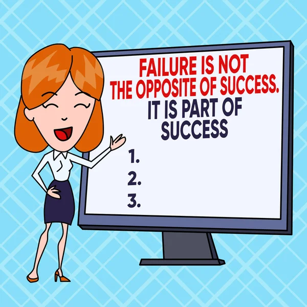 Text sign showing Failure is Not the Opposite of. Conceptual photo Failure Is Not The Opposite Of Success It Is Part Of Success White Female in Standing Pointing Blank Screen Whiteboard Presentation.