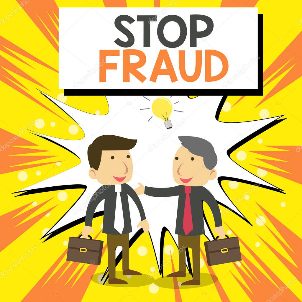 Conceptual hand writing showing Stop Fraud. Business photo showcasing campaign advices showing to watch out thier money transactions Businessmen Colleagues with Brief Case Sharing Idea Solution.