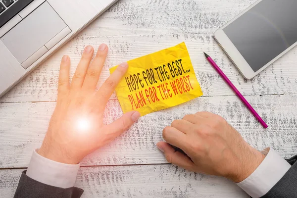 Handschriftliche Textstellen hoffen auf den besten Plan für das Schlimmste. Konzept bedeutet, dass Pläne gute und schlechte Möglichkeiten haben. — Stockfoto