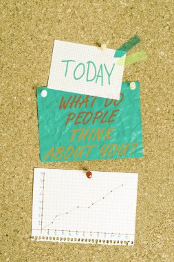 Handwriting text What Do People Think About You Question. Concept meaning Opinion of others Considerations Corkboard color size paper pin thumbtack tack sheet billboard notice board.