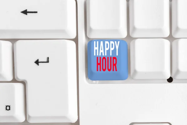 Handwriting text writing Happy Hour. Concept meaning Spending time for activities that makes you relax for a while White pc keyboard with empty note paper above white background key copy space. — Stock Photo, Image