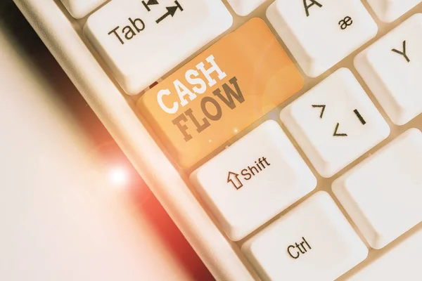 Writing note showing Cash Flow. Business photo showcasing Movement of the money in and out affecting the liquidity White pc keyboard with note paper above the white background. — Stock Photo, Image