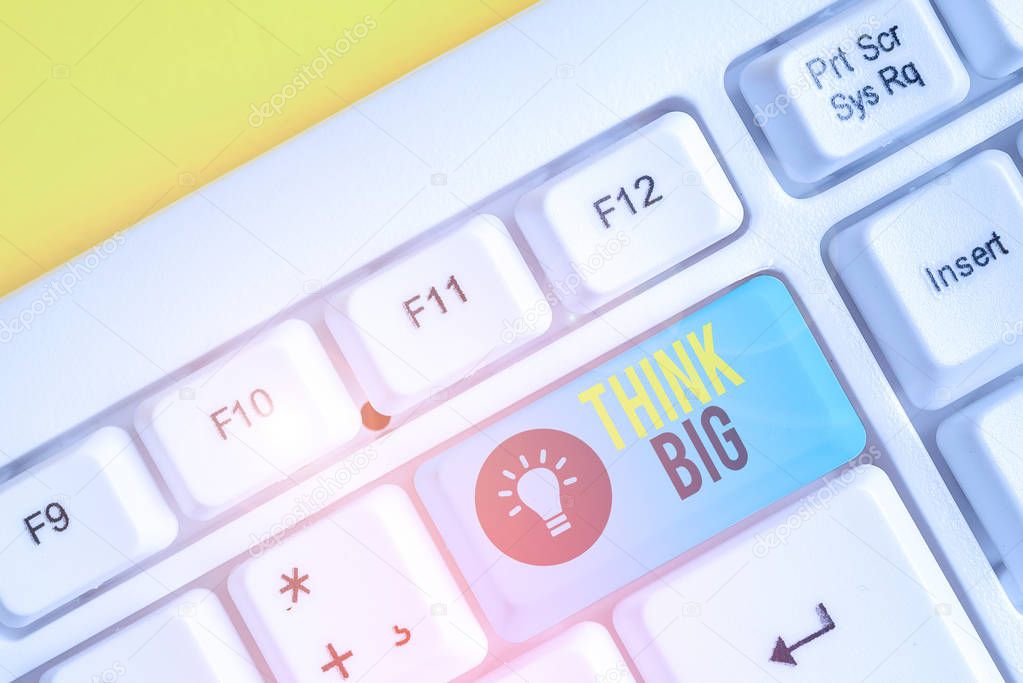 Conceptual hand writing showing Think Big. Business photo showcasing To plan for something high value for ones self or for preparation White pc keyboard with note paper above the white background.