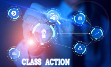 Sınıf Eylem yazma el yazısı metin. Kavram anlamı dava büyük bir grup adına hareket eden küçük grup tarafından açılan Kadın akıllı cihaz kullanarak sunum sunan resmi iş elbisesi giymek.