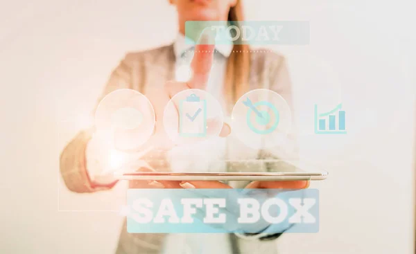 Text sign showing Safe Box. Conceptual photo A small structure where you can keep important or valuable things Female human wear formal work suit presenting presentation use smart device. — Stock Photo, Image