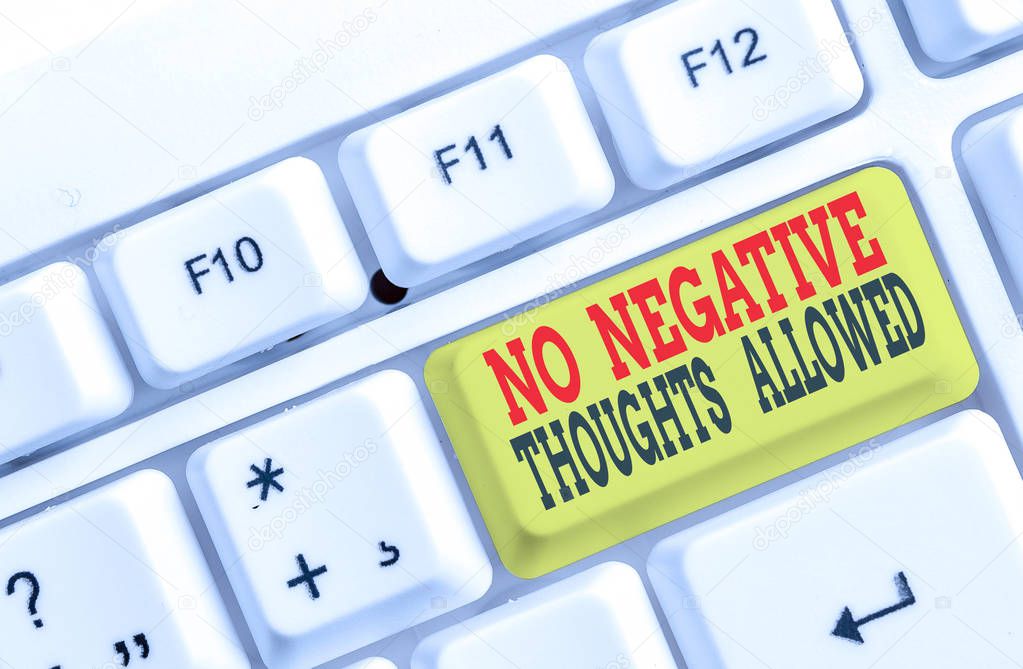 Conceptual hand writing showing No Negative Thoughts Allowed. Business photo text Always positive motivated inspired good vibes White pc keyboard with note paper above the white background.