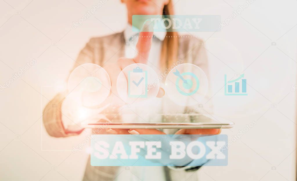 Text sign showing Safe Box. Conceptual photo A small structure where you can keep important or valuable things Female human wear formal work suit presenting presentation use smart device.