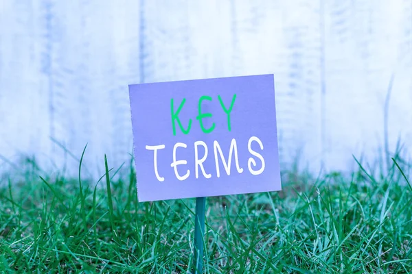 Writing note showing Key Terms. Business photo showcasing Words that can help a demonstrating in searching information they need Plain paper attached to stick and placed in the grassy land.
