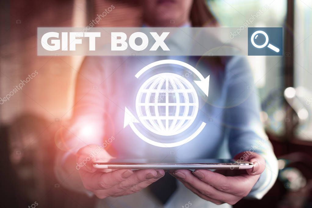Conceptual hand writing showing Gift Box. Business photo showcasing A small cointainer with designs capable of handling presents.
