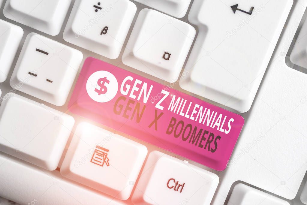 Writing note showing Gen Z Millennials Gen X Boomers. Business photo showcasing Generational differences Old Young showing White pc keyboard with note paper above the white background.