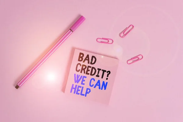 Writing note showing Bad Credit Question We Can Help. Business photo showcasing Borrower with high risk Debts Financial Colored sticky note clips binders gathered pen trendy cool background.