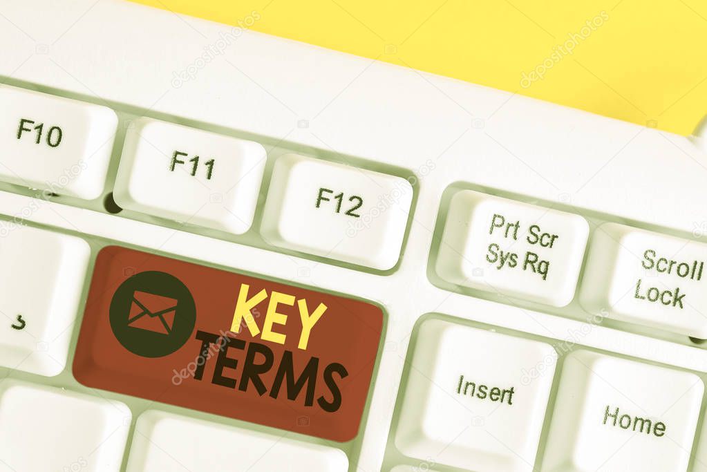 Text sign showing Key Terms. Conceptual photo Words that can help a demonstrating in searching information they need White pc keyboard with empty note paper above white background key copy space.