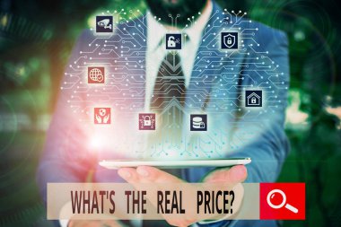 Conceptual hand writing showing What S The Real Price Question. Business photo text Give actual value of property or business Male wear formal work suit presenting presentation smart device.