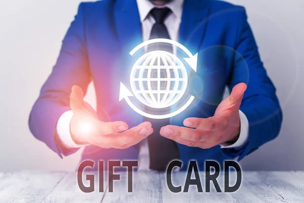 Signo de texto que muestra Gift Card. Foto conceptual Un regalo generalmente hecho de papel que contiene su mensaje . — Foto de Stock