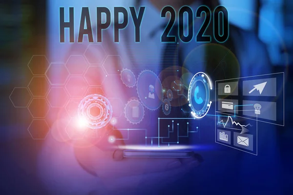 Концептуальний почерк, що показує Happy 2020. Діловий текст фотографії час або день, коли новий календарний рік починається відтепер Жінка носить робочий костюм презентації розумного пристрою . — стокове фото