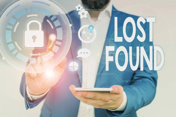 Word writing text Lost Found. Business concept for Things that are left behind and may retrieve to the owner Male human wear formal work suit presenting presentation using smart device. — Stock Photo, Image