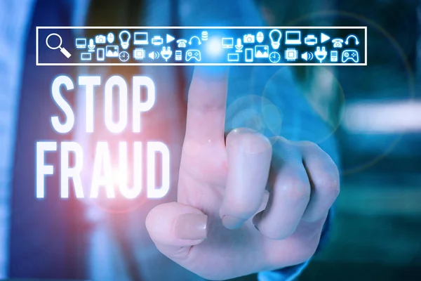 Conceptual hand writing showing Stop Fraud. Business photo text campaign advices showing to watch out thier money transactions Woman wear work suit presenting presentation smart device. — Stock Photo, Image
