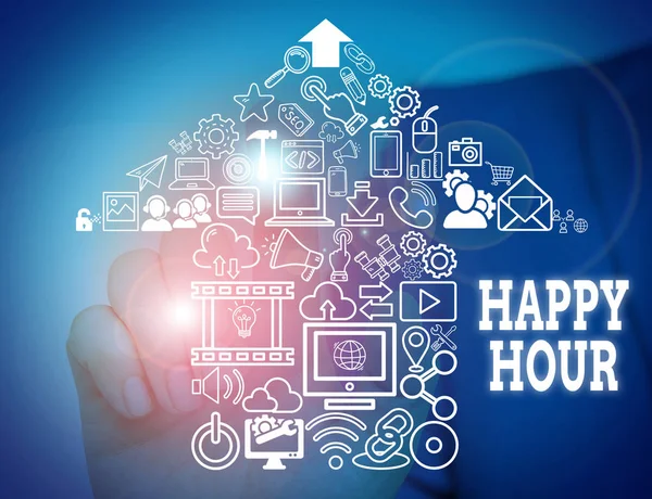 Conceptual hand writing showing Happy Hour. Business photo showcasing Spending time for activities that makes you relax for a while Male wear formal suit presenting presentation smart device. — Stock Photo, Image