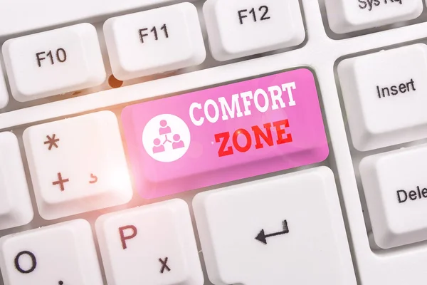 Conceptual hand writing showing Comfort Zone. Business photo text place or situation where one feels safe and without stress White pc keyboard with note paper above the white background.