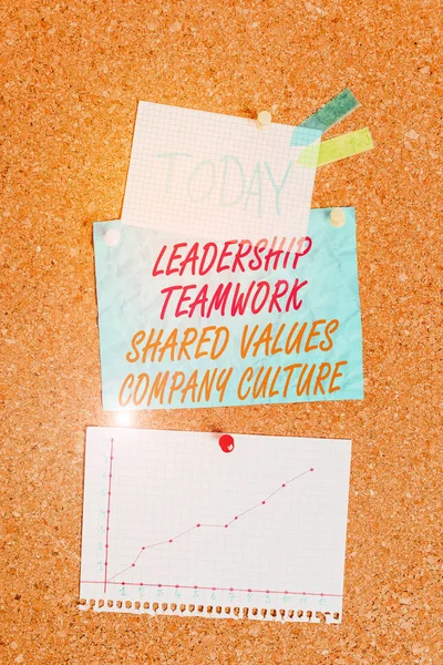 Handwriting text Leadership Teamwork Shared Values Company Culture. Concept meaning Group Team Success Corkboard color size paper pin thumbtack tack sheet billboard notice board.