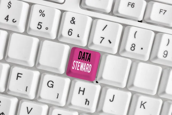 Handwriting text writing Data Steward. Concept meaning responsible for utilizing an organization s is data governance White pc keyboard with empty note paper above white background key copy space. — Stock Photo, Image