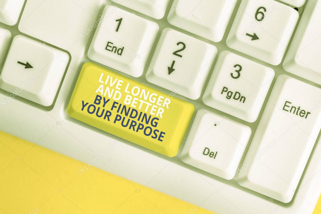 Writing note showing Live Longer And Better By Finding Your Purpose. Business photo showcasing Look for a goal set mission White pc keyboard with note paper above the white background.