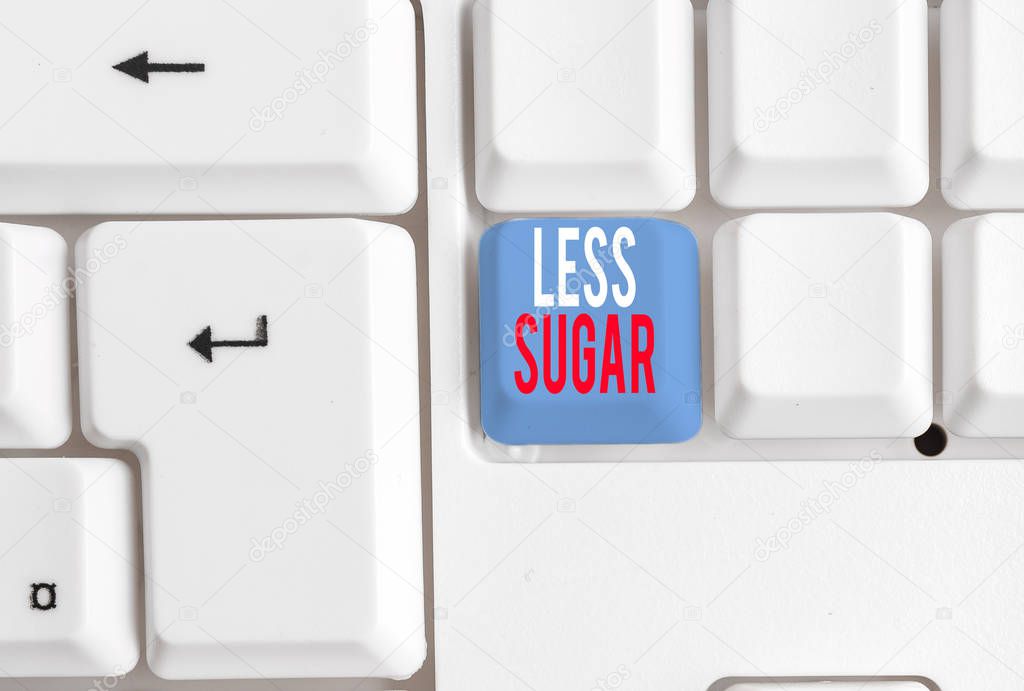 Handwriting text writing Less Sugar. Concept meaning Lower volume of sweetness in any food or drink that we eat White pc keyboard with empty note paper above white background key copy space.