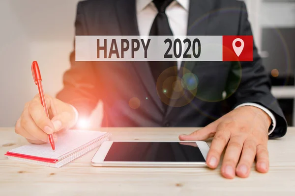 Writing Megjegyzés mutatja Happy 2020. Üzleti fotó bemutató idő vagy nap, amikor egy új naptári év kezdődik mostantól. — Stock Fotó