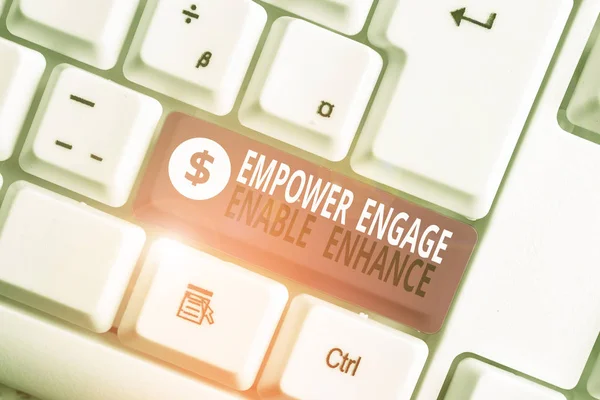 Writing note showing Empower Engage Enable Enhance. Business photo showcasing Empowerment Leadership Motivation Engagement White pc keyboard with note paper above the white background.