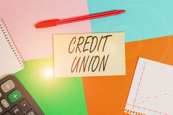 Handwriting text Credit Union. Concept meaning cooperative association that makes small loans to members Office appliance colorful square desk study supplies empty paper sticker.