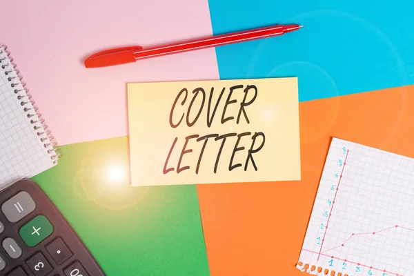 Handwriting text Cover Letter. Concept meaning document explaining the applicant s is credentials and interest Office appliance colorful square desk study supplies empty paper sticker.