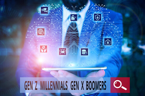 Концептуальный почерк, показывающий Gen Z Millennials Gen X Boomers. Различия между поколениями Старые молодые мужчины носят официальный рабочий костюм с презентацией смарт-устройство
.