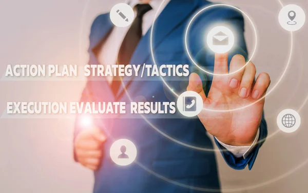 Word writing text Action Plan Strategy Ortacti. Business concept for Action Plan Strategy Or Tactics Execution Evaluate Results. — Stock Photo, Image