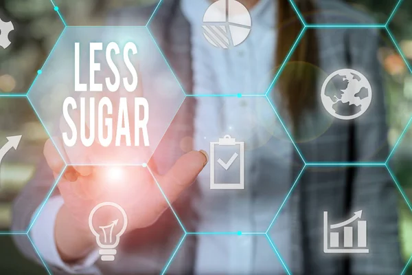 stock image Text sign showing Less Sugar. Conceptual photo Lower volume of sweetness in any food or drink that we eat Female human wear formal work suit presenting presentation use smart device.