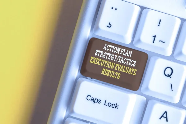 Text sign showing Action Plan Strategy Ortacti. Conceptual photo Action Plan Strategy Or Tactics Execution Evaluate Results White pc keyboard with empty note paper above white background key copy