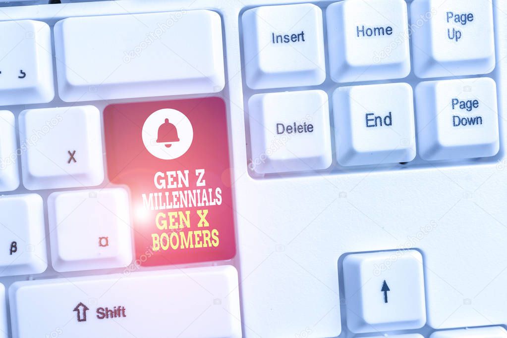Writing note showing Gen Z Millennials Gen X Boomers. Business photo showcasing Generational differences Old Young showing White pc keyboard with note paper above the white background.