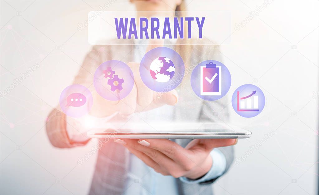 Conceptual hand writing showing Warranty. Business photo showcasing Free service of repair and maintenance of the product sold Female human wear formal work suit presenting smart device.